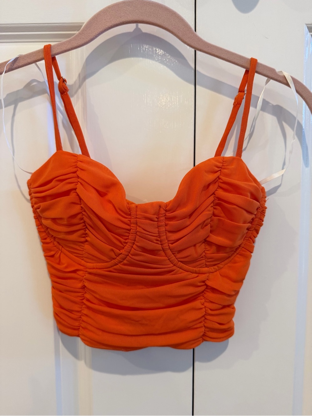 White Fox Boutique Orange Ruched Bustier Crop Top